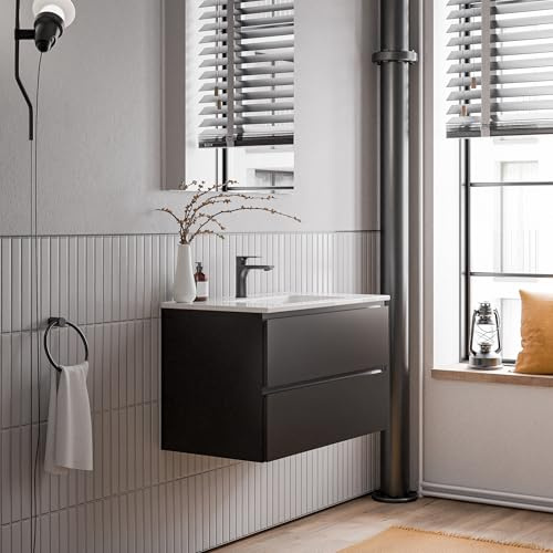 Bernstein Badmöbel-Set AVA 80cm, Waschbecken mit Unterschrank in Schwarz matt, Keramik-Waschbecken in Weiß glänzend mit einem Hahnloch, Ideal für kleine Bäder