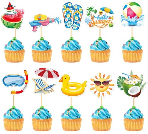 Blumomon 30 Stück Sommer Strand Vacation Cupcake topper Strandurlaub,Strandparty Cupcakes topper, Sommer Babyparty Themen Geburtstag Kuchen dekorieren