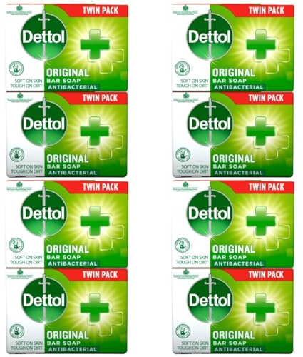 Dettol Soap Original Antibacterial Bar - 4 Twin Pack, 8 x 100g Antibacterial Hand & Body Soap Bar – Disinfects and Kills 99.99% of Germs, Ideal for Handwashing and Cleansing