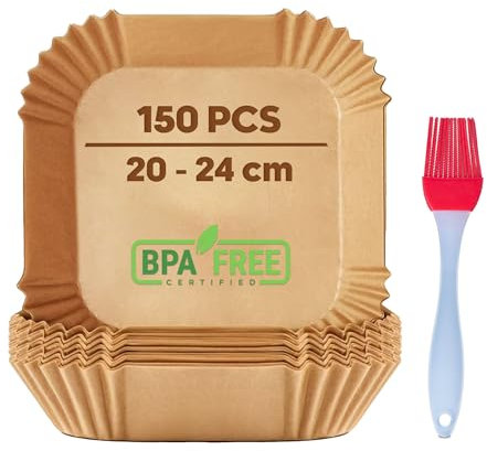 150 Pezzi Quadrata Carta forno per friggitrice ad aria 20x20 cm da 5 a 8 litri | Food-grade BPA free | Adatto al Forno | Vaschette per friggitrice ad aria per la Cucina