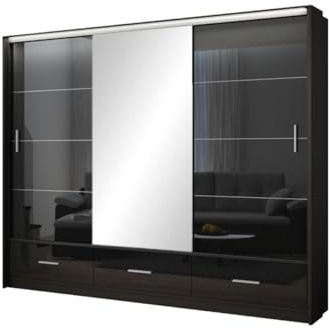 AGMAT-FURNITURE Schwebetürenschrank Bolonia 250, 3 Türen Kleiderschrank mit 1 Spiegel, Moderne Garderobe, Schrank in Größe: 255 x 225 x 61 cm