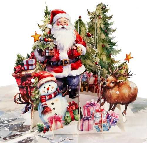 Hierein 2024 Biglietti Auguri Natale, Albero di Natale e Babbo Natale Biglietto di Natale Pop Up con Busta, Pupazzo di Neve e Alci Biglietto Natalizio per Moglie Mamma Fidanzata Fidanzato Famiglia