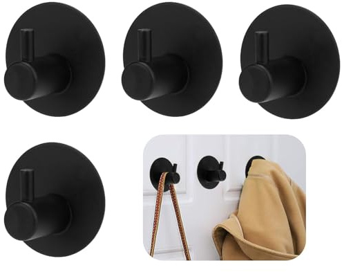 eModwey Gancio adesivo da parete nero 4 pezzi, accessorio da bagno in acciaio inossidabile nero, set di 4, installazione senza foratura, per cucina, bagno e camera da letto, porta asciugamani
