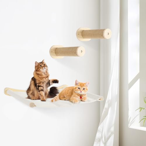czyuRachel Katzenkletterwand Set, Katzentreppe Wand mit 2 Kratzbäumen, Hängematte und Basis für Katze Klettern und Erkunden, Holzfarbe