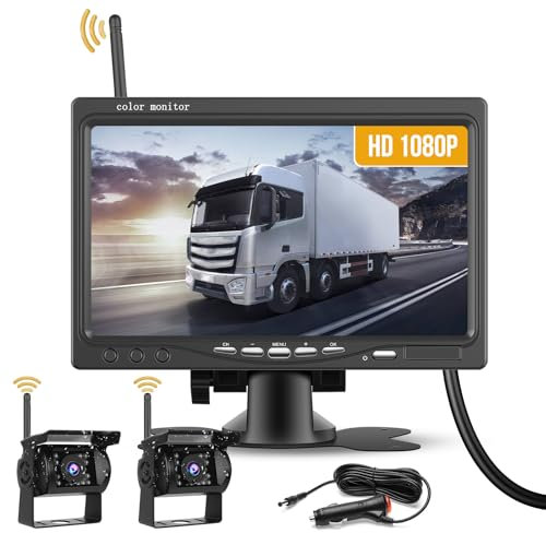 Hikity Kit Telecamera Posteriore 7 Pollici Wireless con IP68 impermeabile Visione Notturna 2 Telecamera Posteriore, Telecamera per BSD Auto Kit Per Auto Minivan Camper Bus Van Camion 12V-36V