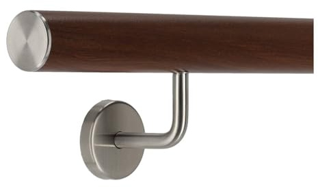 TIBU Handlauf Aluminium Nussbaum Holz Dekor 30-600cm Wandhandlauf Treppe gewinkelte Edelstahlhalter, Länge 150 cm mit 2 Halter und gerade Kappe