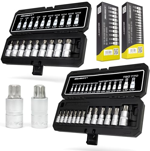 HASKYY Torx XZN Vielzahn Steckschlüssel Satz 24-tlg T8-T70 & M4-M18 Stecknüsse 1/4 3/8 1/2 Antrieb Professionelles Stecknuss Werkzeug Set