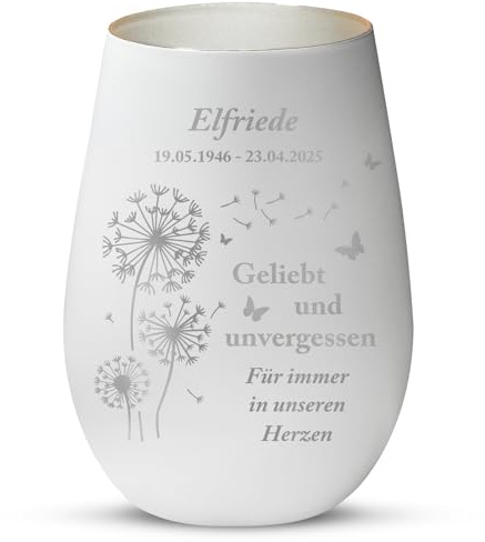 Love Faith personalisiertes Trauerlicht - Unvergessen - weiß/Silber | Mattiertes Teelichtglas - Graviere Namen & Datum - Stimmungsvolles Trauergeschenk & Erinnerungsstück
