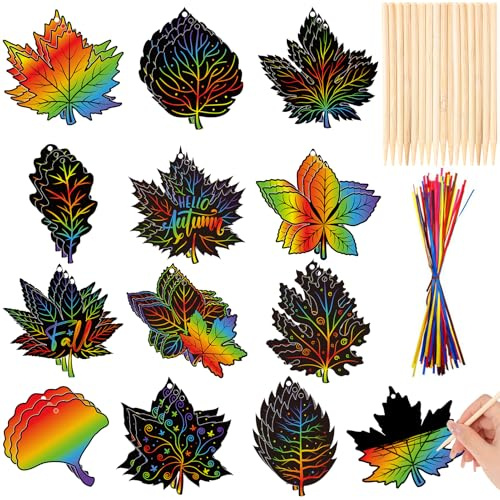 HOWAF 36pcs Autumn Leaves Craft Scratch Art for Kids, Autumn Leaves Decorations Autumn Crafts for Kids Maple Leaves Rainbow Scratch Paper Hanging Ornaments Fall Decorations Thanksgiving Decorations
