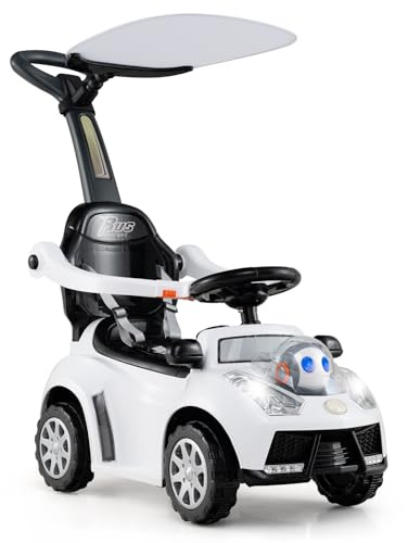 DREAMADE Kinder Rutschauto, 3 in 1 Schiebeauto mit abnehmbarem Verdeck, Sicherheitsgurt & Stauraum, Kinderfahrzeug mit Hupe, Musik & Licht, Rutschfahrzeug für Kinder ab 1 Jahr (Weiß)