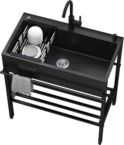 Lavandino in Acciaio Inox Professionale 1 Vasca,Lavello Nero Multifunzione Cucina,Lavatoio da Esterno Autoportante,Lavabo Commerciale con Rubinetto,per Interno Ristorante Caffè