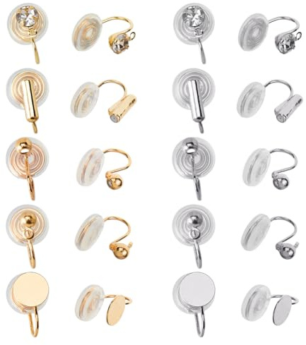 Hobbspring 20 pendientes de impresión para pendientes de clip de latón queloide, 10 estilos, accesorios de latón con almohadillas de resina de circonio platino, clips de oreja dorados sin piercing