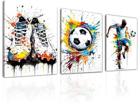 Rongxze Set med 3 graffiti-väggmålningar, fotbollsskor, boll och spelare, sportdekoration för sovrum, lekrum, pojkrum, vardagsrum (40 x 30 cm)