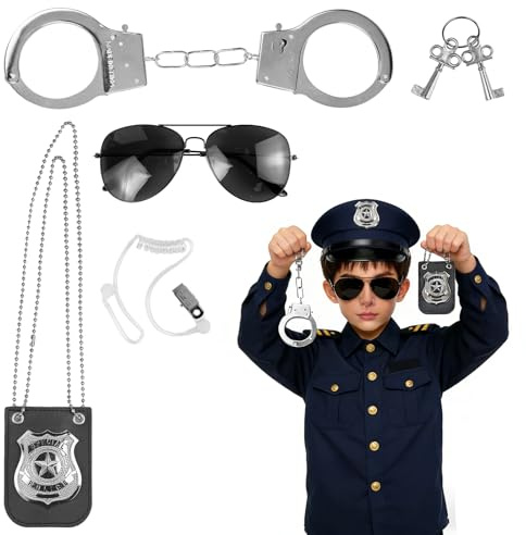 ANKUOFUA Polizei Kostüm Kinder Zubehör Set, 5 Stück Polizei Ausrüstung Kinder Set mit Handschellen, Brille und Abzeichen, Swat Kostüm Kinder Zubehör für Karneval, Mottoparty und Rollenspiele