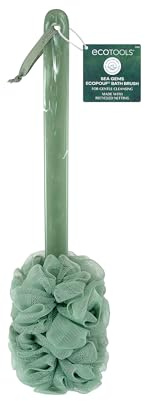 EcoTools Sea Gems EcoPouf Bath Brush, Gentle Exfoliating Body Scrubber for Shower Cleansing & Smoothing, Recycled Netting Loofah with Long Handle, Vegan & Cruelty-Free, 1 Count
