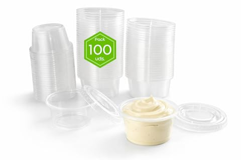 Atakito Salseros Plástico PET Transparente con Tapa – Mini Tapers de plástico 30ml 60ml 100ml – Envases Salsa Individuales Pack 100 300 1000 Unidades para Take Away Hostelería