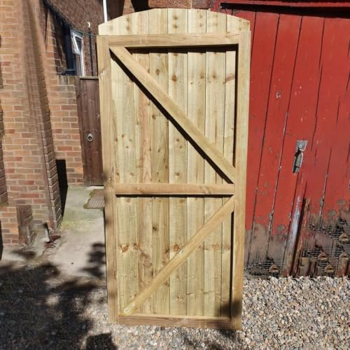 180cm x 99cm Wooden Garden Gate | Pressure Treated Feather Edge Timber Gate | Dome Top Heavy Duty 6cm Thick Semi-Braced Side Gate