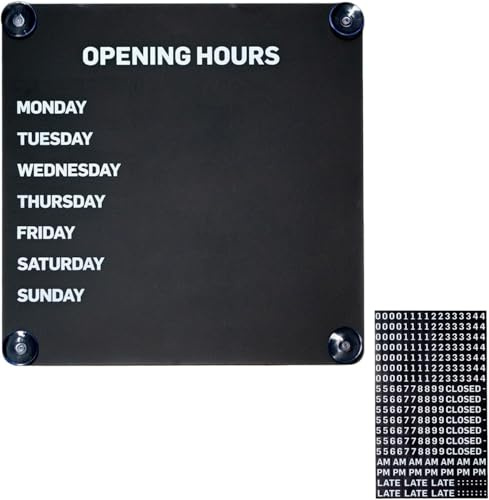 Cartel De Horario Comercial De Metal 10x10in Con Números Magnéticos Intercambiables – Pizarra De Horario Reutilizable Con Ventosas Para Fachada De Tienda, Restaurante Y Puerta De Cristal black