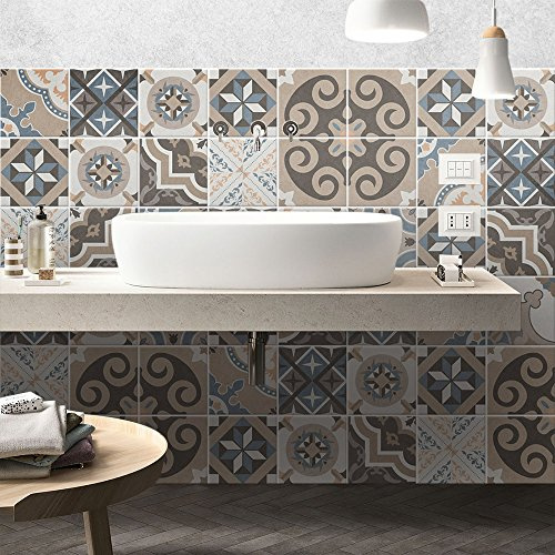 RE-COVERTILES - Adesivi Piastrelle Cucina Bagno Mattonelle adesive in PVC Impermeabili Antigraffio Stickers Decorazione Parete Cementine Peel and Stick - Modello 24 Pz 20x20 cm PS00170 Made in Italy