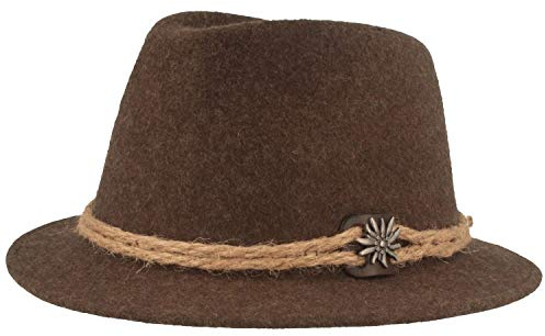 Hut Breiter Original Herren Trachtenhut Filzhut Wanderhut Tiroler-Art, 100% Wolle mit Hanfkordel, Edelweiss & schmaler Krempe, in 3