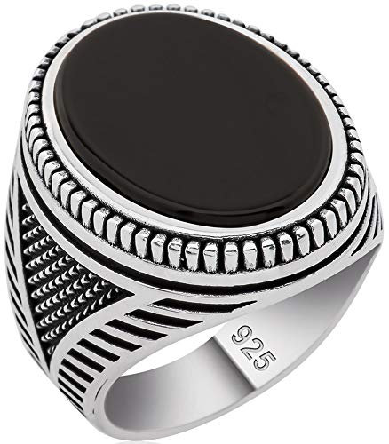 Herren-Ring aus massivem 925er-Sterlingsilber, oval, schwarzer flacher Onyxstein, 925er Sterlingsilber, Metall, Onyx, 925er-Sterlingsilber, Metall, Onyx