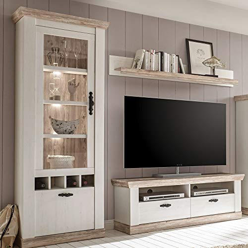 Lomadox TV Wohnwand im Landhausstil mit Vitrine, Lowboard Wandregal, Pinie weiß und Oslo Nb., inkl. LED, B x H x T ca.: 215 x 201 x 44 cm