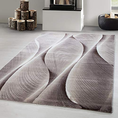Carpetsale24 Teppich Wohnzimmer 120x170 cm Beige Modern Holz Optik Wellen Design Kurzflor Schlafzimmer Esszimmer Küche Jugendzimmer Waschbar Pflegeleicht Extra Weich
