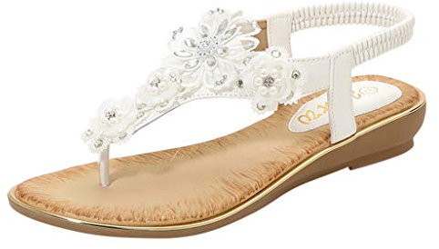 Sandalen Frauen Sommer Blume Kristall Perle Flip Flops Strand Freizeitschuhe (42,Weiß)