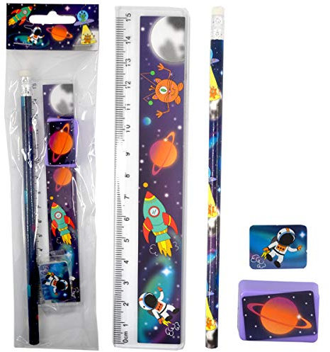 LG-Imports Schreibset Kinder Weltraum Space 12er Set Bleistift Spitzer Lineal Radierer Schule Mitgebsel Kindergeburtstag