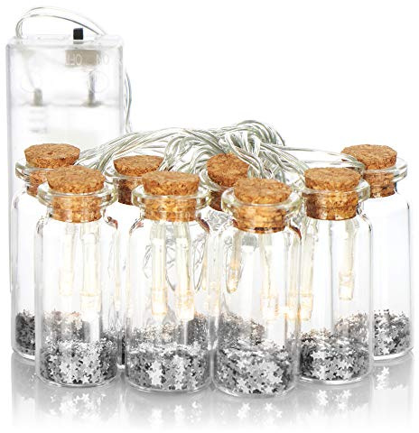 com-four® LED Light Chain with 8 Decorative Glass Bottles with Cork Closure - Decorative Battery-Operated Light Chains for Indoors - Colorful Stars (Silver Colored)