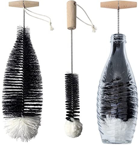 Grunda Set di 2 spazzole per bottiglie da 35 cm, compatibili con bottiglie di vetro Sodastream, con testa di lana per biberon, bottiglie di pet-flashe, pulizia senza graffi di bottiglie