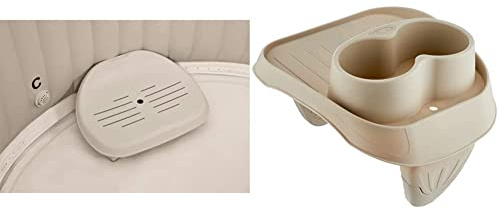 Intex 28502 Asiento Spa 2 Alturas Y Antideslizante 47 X 36 X 22 Cm + Portavasos De Plástico Purespa Beige, 26 X 22 X 18 Cm