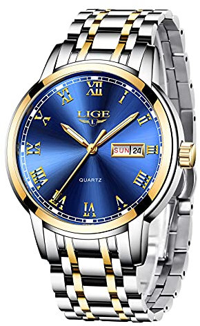 LIGE Orologio Uomo, Quarzo Analogico Orologi Uomo, Acciaio Inossidabile Impermeabile 3ATM, Funzione Calendario, Lancette Luminescenti, Abbinamento Elegante e Casual, Oro
