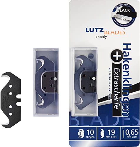 LUTZ BLADES Profi Hakenklingen schwarz, Cuttermesser 18mm 0,5mm stark, 10 extra scharfe, präzise Ersatzklingen für Cutter- und Teppichmesser, für Teppich, Lederarbeiten, nasse Tapeten, Folienmesser