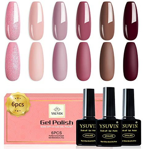YSUVIN UV Nagellack Set, 6 Farbe Nude Dunkelrosa Braun Burgunderrot Glitter Rosa Gel Nagellack Soak Off UV Gellack für Frauen Home DIY Nail Art Salon, 8ML