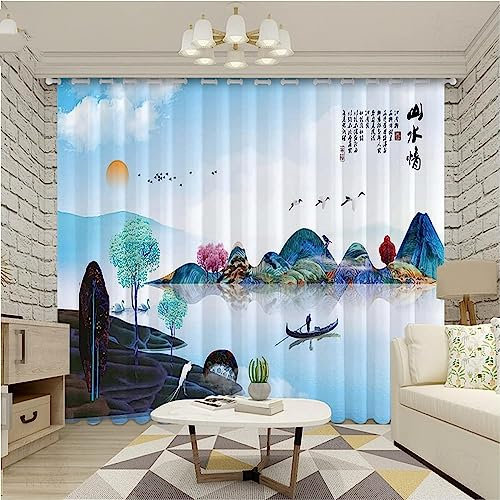 Verdunkelungsvorhänge Kräuselband Tuschemalerei Landschaft 280 X 180 cm (B X H) Set Kindergardinen Mädchen Verdunkelungsvorhänge Mit Ösen Blickdichter Kinderzimmer Schlafzimmer Vorhang