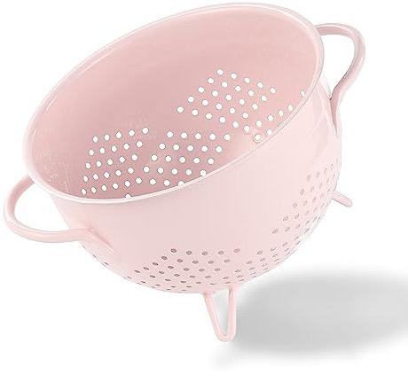 beifeier Metal Colander with Handle, 5 Quart Large Pasta Strainer, Kitchen Drain Basket with Three-Leg Base for Vegetable Fruit Berry (Pink)