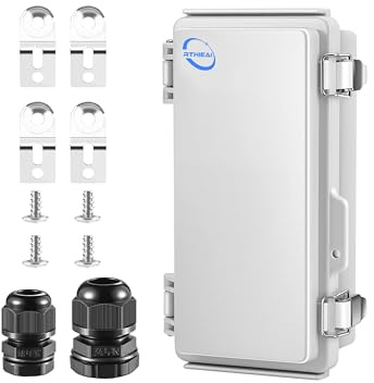RTHIEAI Waterproof Outdoor IP67 Junction Box (7.9x3.9x2.8) with Mounting Plate, Hinged Grey Cover and Wall Brackets - Weatherproof ABS Plastic Electrical Enclosure for DIY Projects (200x100x70mm)