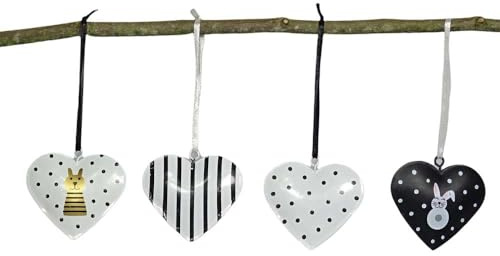 4 Stück Herzen 6x5,5 cm schwarz weiß Ostern Osterdeko Herz Metall mit Hase