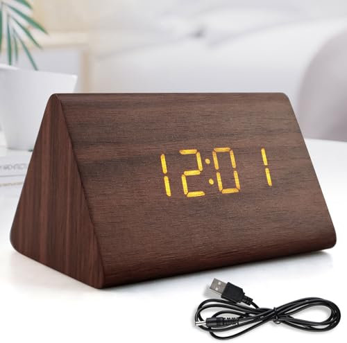 Despertador digital LED – Triángulo despertador Control por voz Reloj de madera eléctrico Reloj despertador portátil Batería y fuente de alimentación USB 2 Formato de hora – Temperatura de fecha
