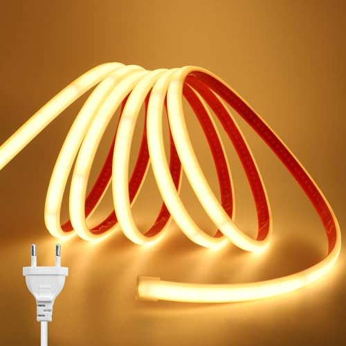 KISUFU Tiras LED de Neón 220v, Tira LED Luz COB IP65 Impermeable, Cada Corte de 10cm, Luces LED Strip light Para Interior Exterior Armarios de Cocina Escalera Escaparate.2m. blanco cálido