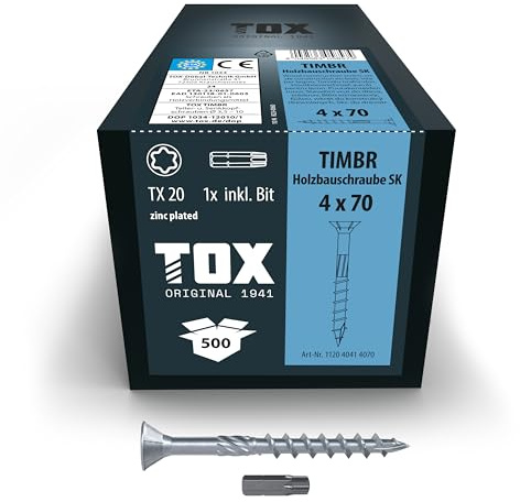 TOX Vis à bois TIMBR SK 4,0 x 70 mm, zinguée bleue à tête fraisée, TX20, vis pour vissage léger et montages à fleur dans la construction en bois, 500 pcs. en carton, 1x embout inclus, 112040414070