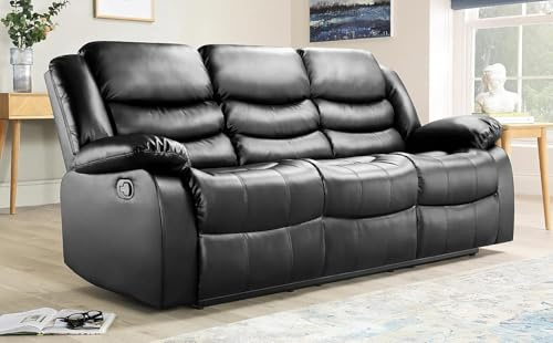 Generico Divano Reclinabile in Pelle Nero 3 Posti | Divano Relax di Lusso con Portabicchieri, Struttura in Legno e Cuscini ad Alta Densità – Perfetto per Soggiorno e Home Theater