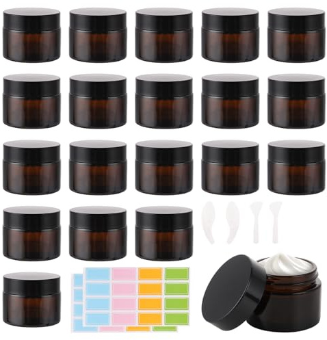 LOPYXBR 20 piezas de tarros crema 50 ml, frascos de vidrio ámbar con tapas negras, etiquetas y cucharitas, tarros cosmetica 50 ml para cremas, lociones, cosmética y viaje