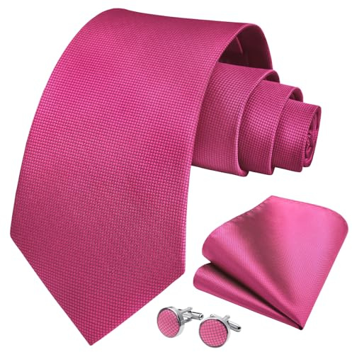 HISDERN Pink Ties for Men Wedding Silk Woven Necktie with Pocket Square Cufflinks Set for Prom
