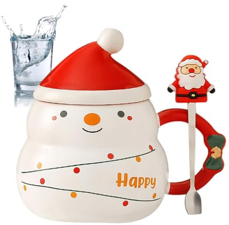Luckxing Weihnachtstasse, Weihnachtsteetasse,500 ml Milchbecher aus Keramik mit Weihnachtsmützendeckel und Weihnachtsmannlöffel | Saftbecher mit für Kaffee, Tee, heiße Schokolade, Getränke