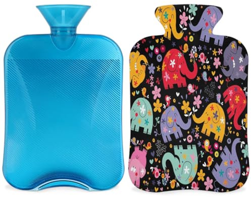 Colorful Elephants Florals Hot Water Bottle with Cover, 2L Hot Water Bag for Pain Relief, Neck and Shoulder, Hand Feet Warmer