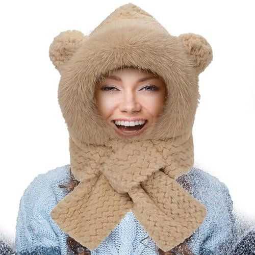 Generisch Bärenmütze für Erwachsene, Bärenmütze - Niedliche Wintermütze mit Hasenohren, warmer Bärenschal,Plüschmütze, Mütze mit Ohren, Bärenkostüm für Winter, Familie, Freunde