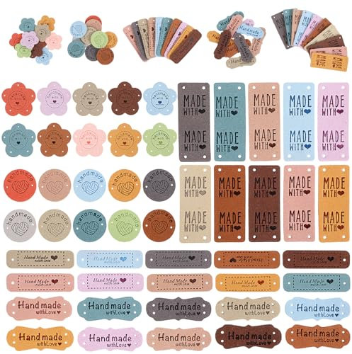 PEOVLVN 50 Stück Handmade Label Zum Annähen 5 Stile Handgefertigte Lederetiketten Label Nähen Handmade Label zum Annähen Labels zum Annähen für Basteln Stricken Handtaschen Nähen Häkeln Verzierung