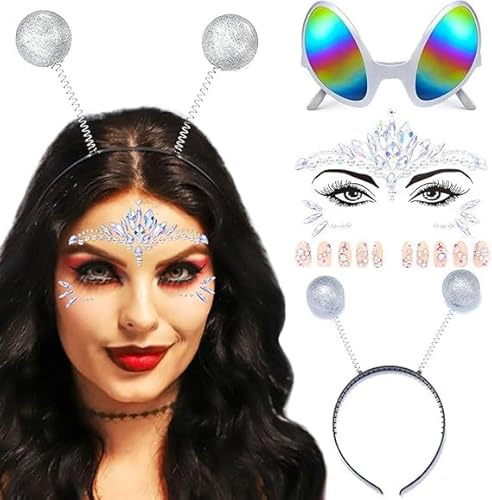 YUNHENTONG Alien Accessoires 3 Stück Alien Haarreif Brille Silber Space Alien Kostüm Damen Strasssteine Gesicht Haarreifen Fühler Weltraum Kopfschmuck für Karneval, Thema Party
